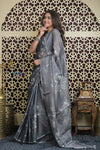 Shubh Lakshmi 2.0 ~ Designer Handloom Pure Linen Saree with Hand Weave in Starlight Grey - verymuchindian.com