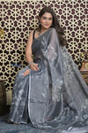 Shubh Lakshmi 2.0 ~ Designer Handloom Pure Linen Saree with Hand Weave in Starlight Grey - verymuchindian.com
