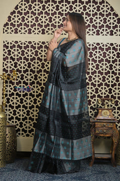 Shubh Lakshmi 2.0 ~ Designer Handloom Pure Soft Silk Saree in Black and Grey - verymuchindian.com