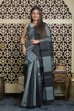 Shubh Lakshmi 2.0 ~ Designer Handloom Pure Soft Silk Saree in Black and Grey - verymuchindian.com
