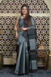 Shubh Lakshmi 2.0 ~ Designer Handloom Pure Soft Silk Saree in Black and Grey - verymuchindian.com