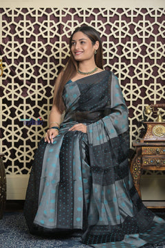 Shubh Lakshmi 2.0 ~ Designer Handloom Pure Soft Silk Saree in Black and Grey - verymuchindian.com
