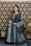 Shubh Lakshmi 2.0 ~ Designer Handloom Pure Soft Silk Saree in Black and Grey - verymuchindian.com