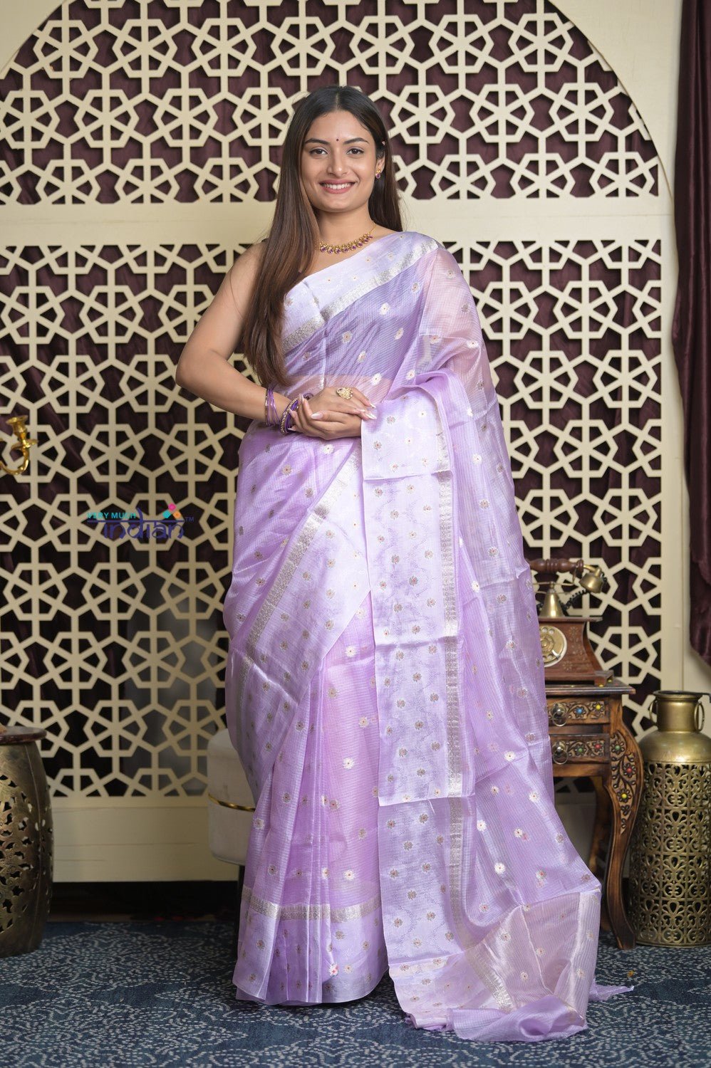 Shubh Lakshmi 2.0 ~ Designer Handloom Tussar Kota Silk Saree with Diamond Pattern in Lilac - verymuchindian.com