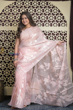 Shubh Lakshmi 2.0 ~ Designer High Quality Kora Silk Saree with Parrot Pattern in Light Peach - verymuchindian.com