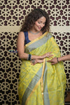 Shubh Lakshmi 2.0 ~ Designer Kora Silk Saree in Lime Yellow and Grey - verymuchindian.com