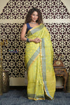Shubh Lakshmi 2.0 ~ Designer Kora Silk Saree in Lime Yellow and Grey - verymuchindian.com