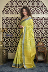 Shubh Lakshmi 2.0 ~ Designer Kora Silk Saree in Lime Yellow and Grey - verymuchindian.com