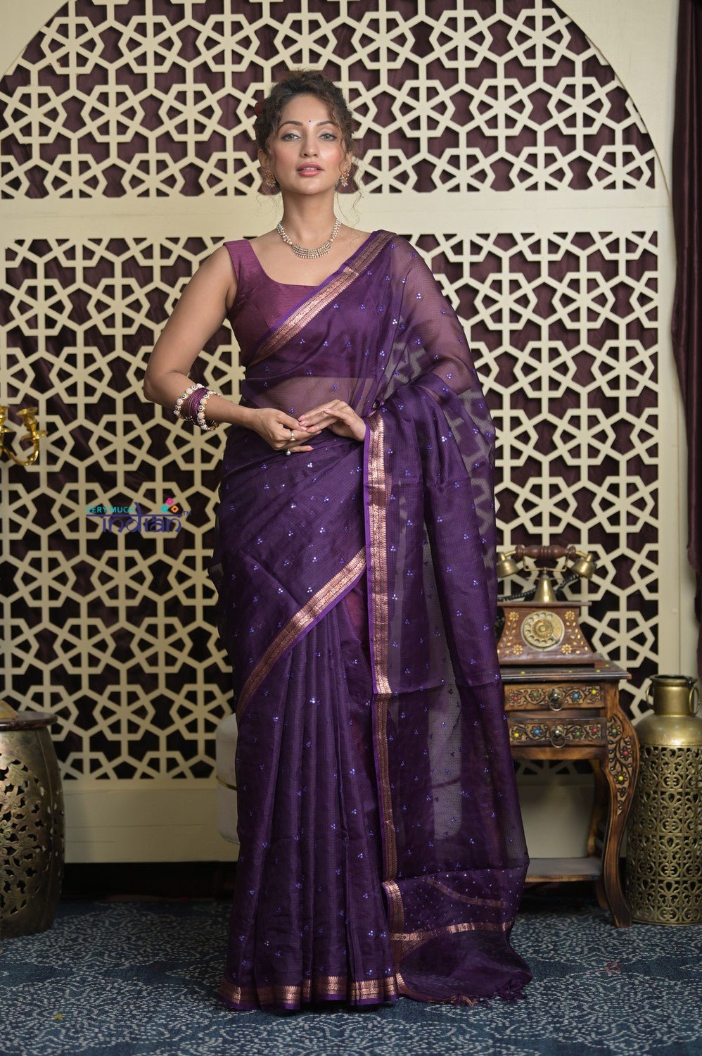 Shubh Lakshmi 2.0 ~ Designer Kota Saree with Mirror Work in Dark Purple - verymuchindian.com