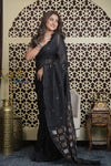 Shubh Lakshmi 2.0 ~ Designer Linen Jamdhani Saree with Handweave in Onyx Black - verymuchindian.com