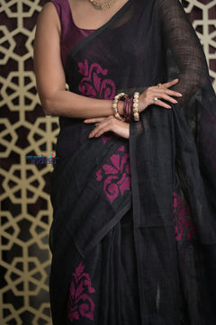 Shubh Lakshmi 2.0 ~ Designer Linen Jamdhani Saree with in Black - verymuchindian.com