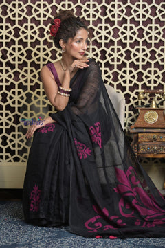 Shubh Lakshmi 2.0 ~ Designer Linen Jamdhani Saree with in Black - verymuchindian.com