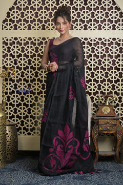 Shubh Lakshmi 2.0 ~ Designer Linen Jamdhani Saree with in Black - verymuchindian.com