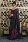 Shubh Lakshmi 2.0 ~ Designer Linen Jamdhani Saree with in Black - verymuchindian.com