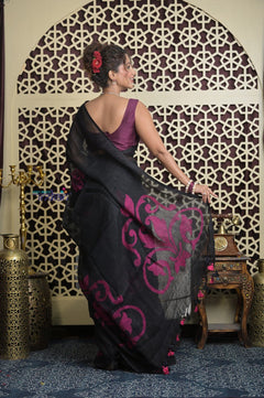 Shubh Lakshmi 2.0 ~ Designer Linen Jamdhani Saree with in Black - verymuchindian.com