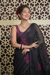 Shubh Lakshmi 2.0 ~ Designer Linen Jamdhani Saree with in Black - verymuchindian.com
