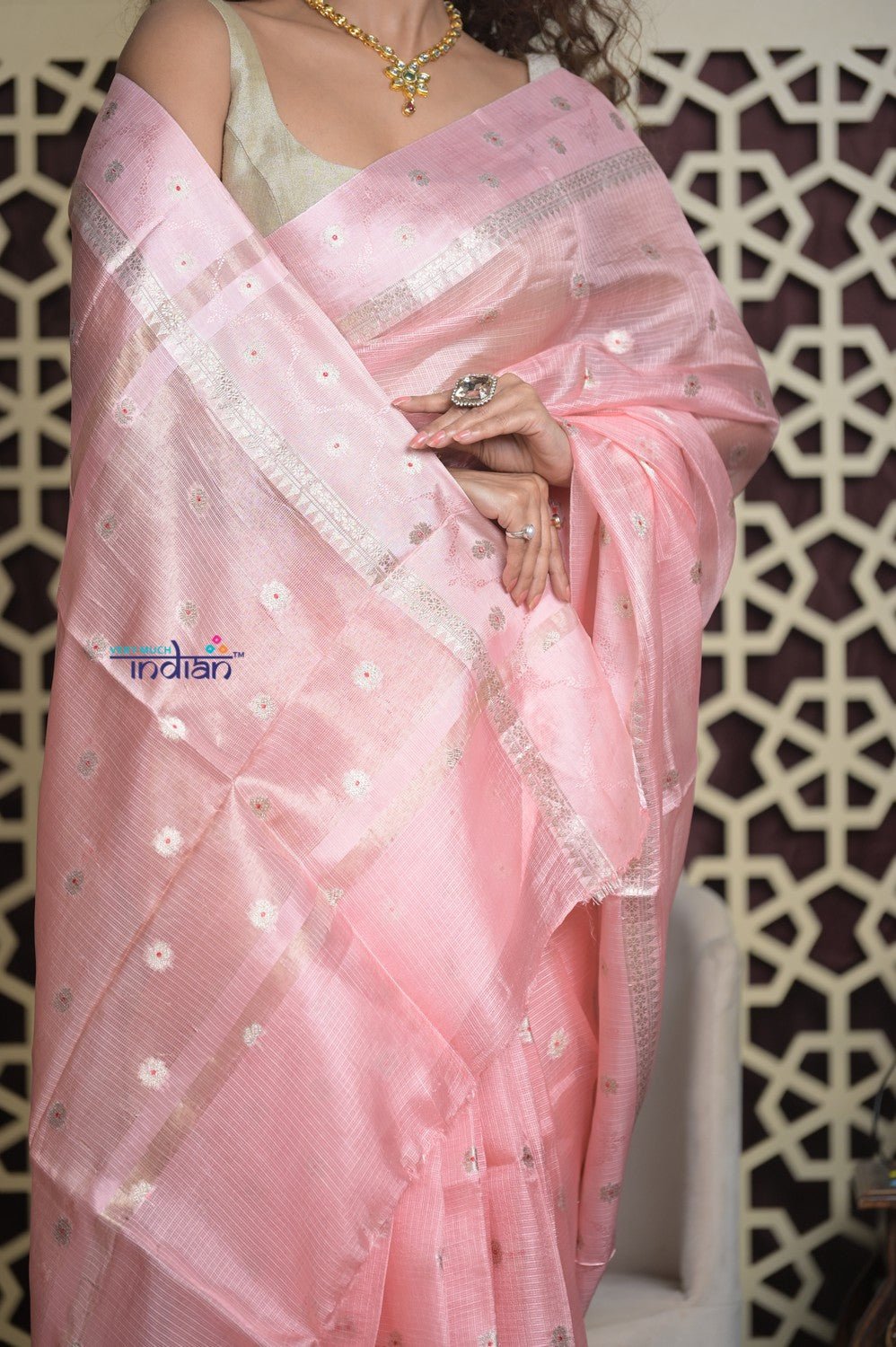 Shubh Lakshmi 2.0 ~ Designer Tussar Kota Silk Saree with Diamond Pattern in Pastel Pink - verymuchindian.com