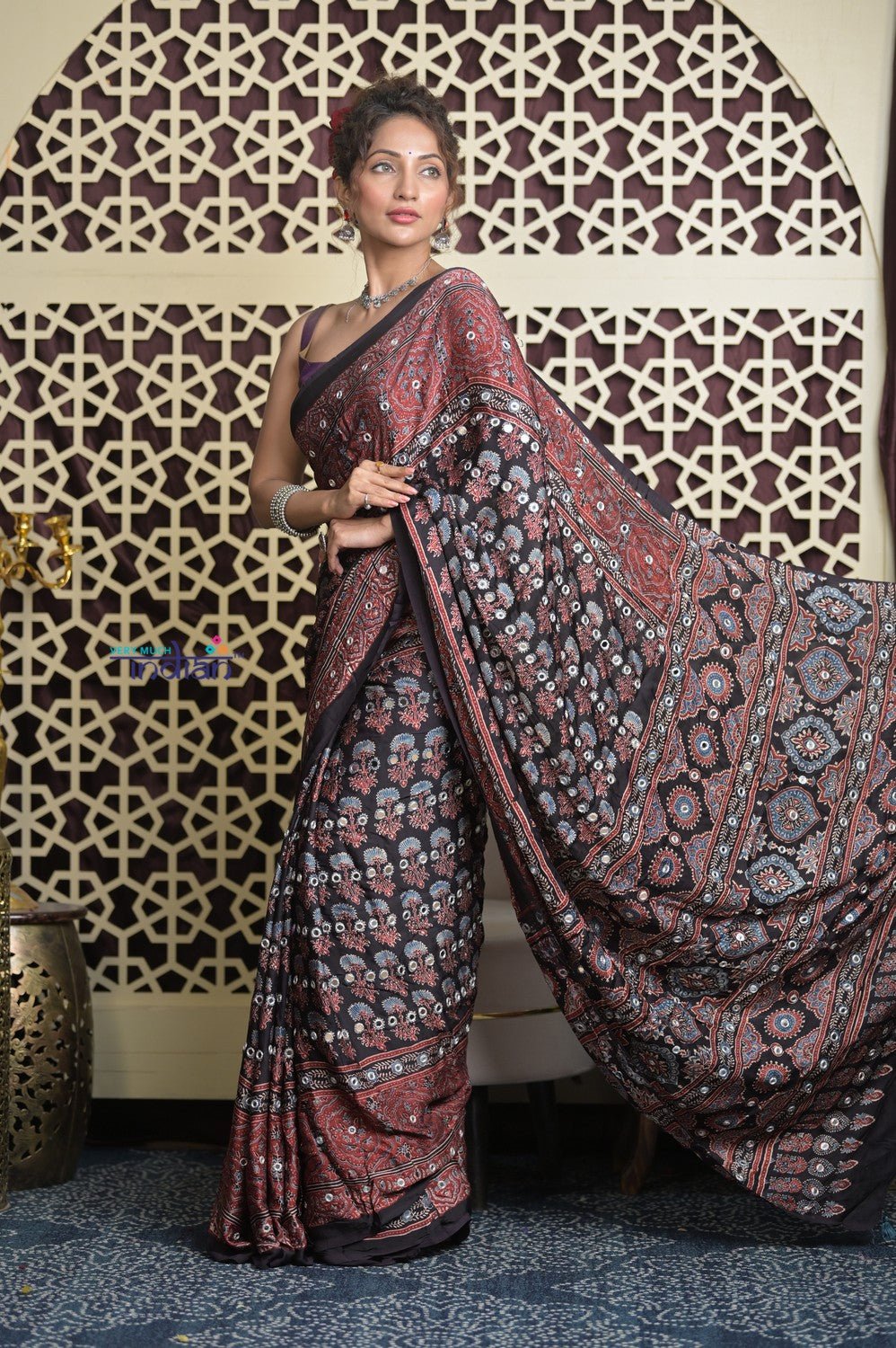 Shubh Lakshmi 2.0 ~ Exclusive Designer Ajrakh Handblock Hand-stitched Mirror Work Modal Silk Saree in Black and Brown - verymuchindian.com
