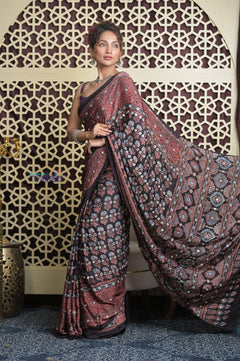 Shubh Lakshmi 2.0 ~ Exclusive Designer Ajrakh Handblock Hand-stitched Mirror Work Modal Silk Saree in Black and Brown - verymuchindian.com