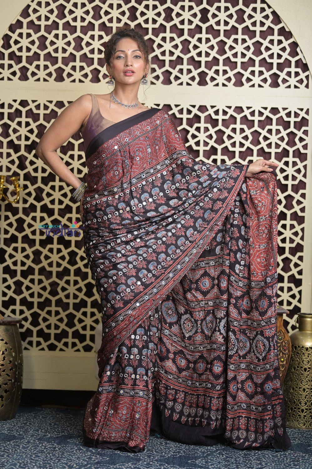 Shubh Lakshmi 2.0 ~ Exclusive Designer Ajrakh Handblock Hand-stitched Mirror Work Modal Silk Saree in Black and Brown - verymuchindian.com