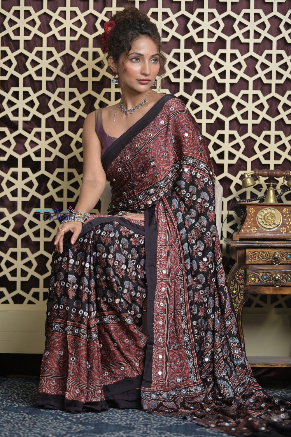Shubh Lakshmi 2.0 ~ Exclusive Designer Ajrakh Handblock Hand-stitched Mirror Work Modal Silk Saree in Black and Brown - verymuchindian.com
