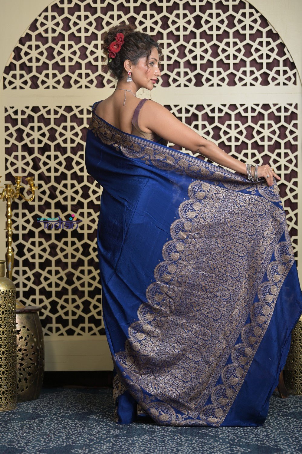 Shubh Lakshmi 2.0 ~ Handloom Banarasi Chiffon Crepe Silk Saree in Royal Blue (Silk Mark Certified) - verymuchindian.com