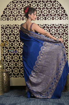 Shubh Lakshmi 2.0 ~ Handloom Banarasi Chiffon Crepe Silk Saree in Royal Blue (Silk Mark Certified) - verymuchindian.com