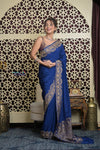 Shubh Lakshmi 2.0 ~ Handloom Banarasi Chiffon Crepe Silk Saree in Royal Blue (Silk Mark Certified) - verymuchindian.com