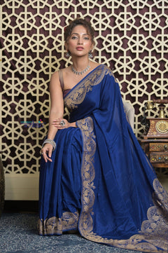 Shubh Lakshmi 2.0 ~ Handloom Banarasi Chiffon Crepe Silk Saree in Royal Blue (Silk Mark Certified) - verymuchindian.com