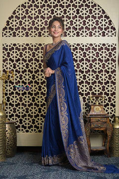 Shubh Lakshmi 2.0 ~ Handloom Banarasi Chiffon Crepe Silk Saree in Royal Blue (Silk Mark Certified) - verymuchindian.com
