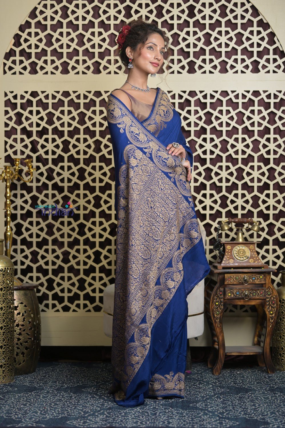 Shubh Lakshmi 2.0 ~ Handloom Banarasi Chiffon Crepe Silk Saree in Royal Blue (Silk Mark Certified) - verymuchindian.com