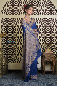 Shubh Lakshmi 2.0 ~ Handloom Banarasi Chiffon Crepe Silk Saree in Royal Blue (Silk Mark Certified) - verymuchindian.com