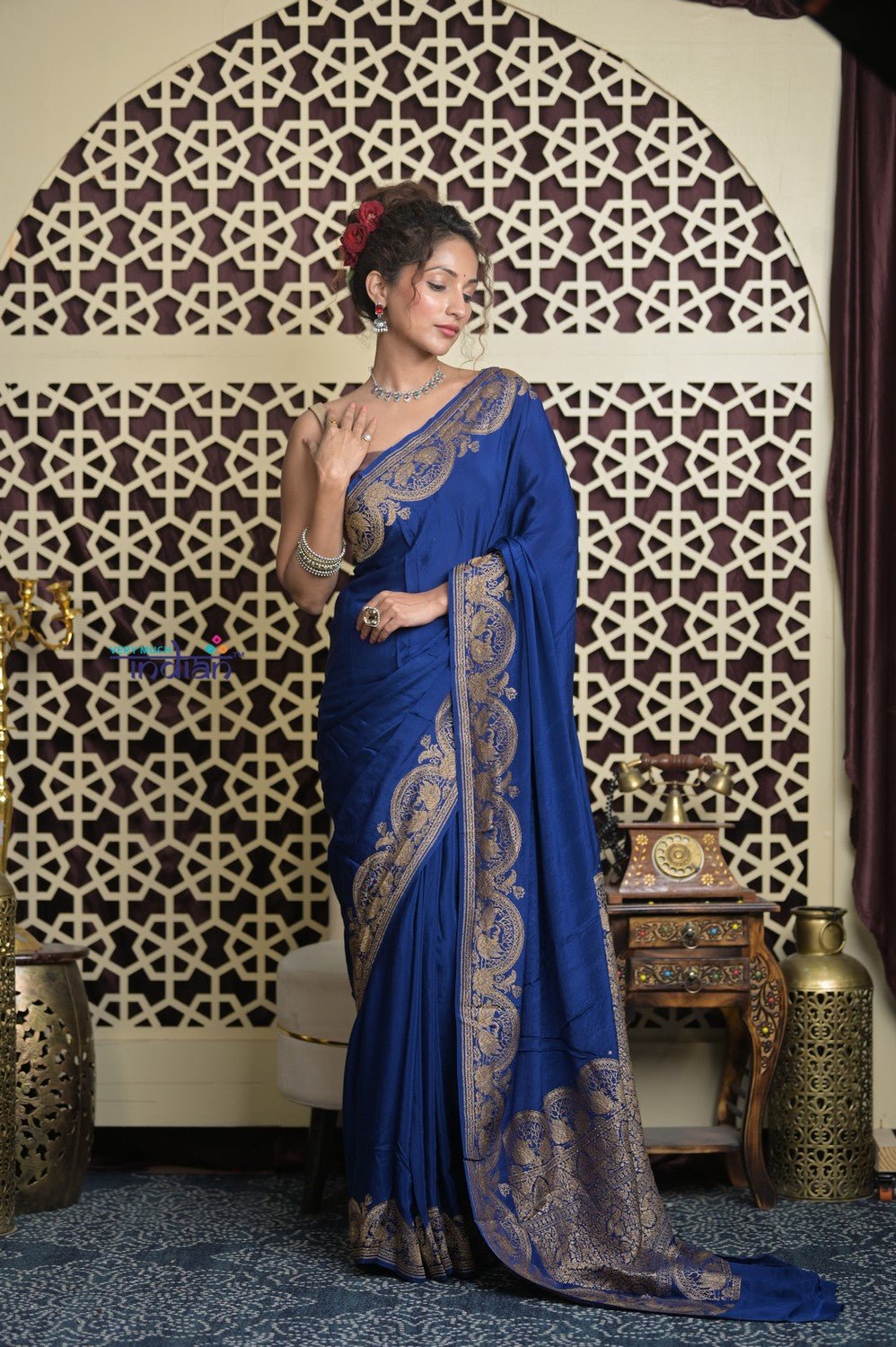 Shubh Lakshmi 2.0 ~ Handloom Banarasi Chiffon Crepe Silk Saree in Royal Blue (Silk Mark Certified) - verymuchindian.com