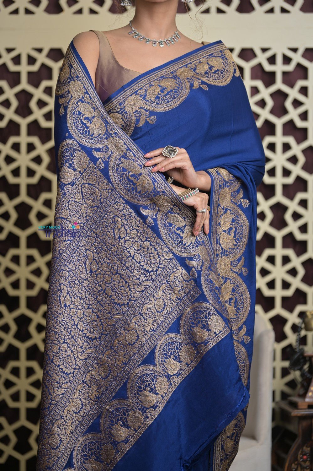 Shubh Lakshmi 2.0 ~ Handloom Banarasi Chiffon Crepe Silk Saree in Royal Blue (Silk Mark Certified) - verymuchindian.com