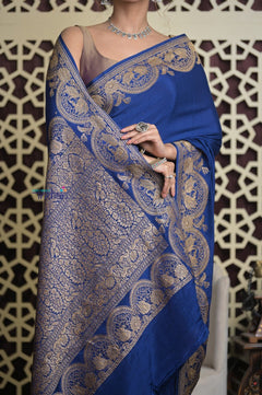 Shubh Lakshmi 2.0 ~ Handloom Banarasi Chiffon Crepe Silk Saree in Royal Blue (Silk Mark Certified) - verymuchindian.com