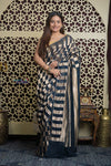 Shubh Lakshmi 2.0 ~ Handloom Banarasi Crepe Silk Saree in Blue and Gold (Silk Mark Certified) - verymuchindian.com