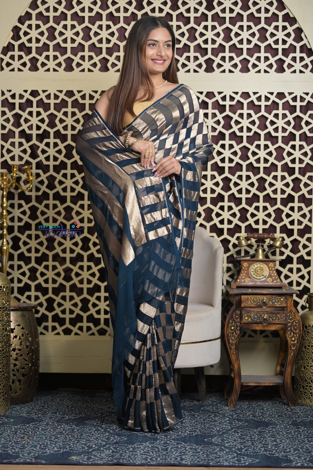 Shubh Lakshmi 2.0 ~ Handloom Banarasi Crepe Silk Saree in Blue and Gold (Silk Mark Certified) - verymuchindian.com
