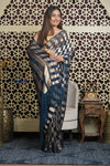 Shubh Lakshmi 2.0 ~ Handloom Banarasi Crepe Silk Saree in Blue and Gold (Silk Mark Certified) - verymuchindian.com