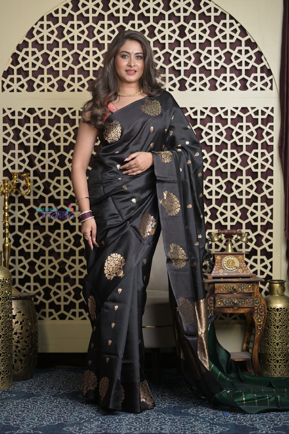 Shubh Lakshmi 2.0 ~ Handloom Banarasi High Quality Pure Katan Silk Saree in Black Gold (Silk Mark Certified) - verymuchindian.com