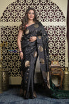 Shubh Lakshmi 2.0 ~ Handloom Banarasi High Quality Pure Katan Silk Saree in Black Gold (Silk Mark Certified) - verymuchindian.com