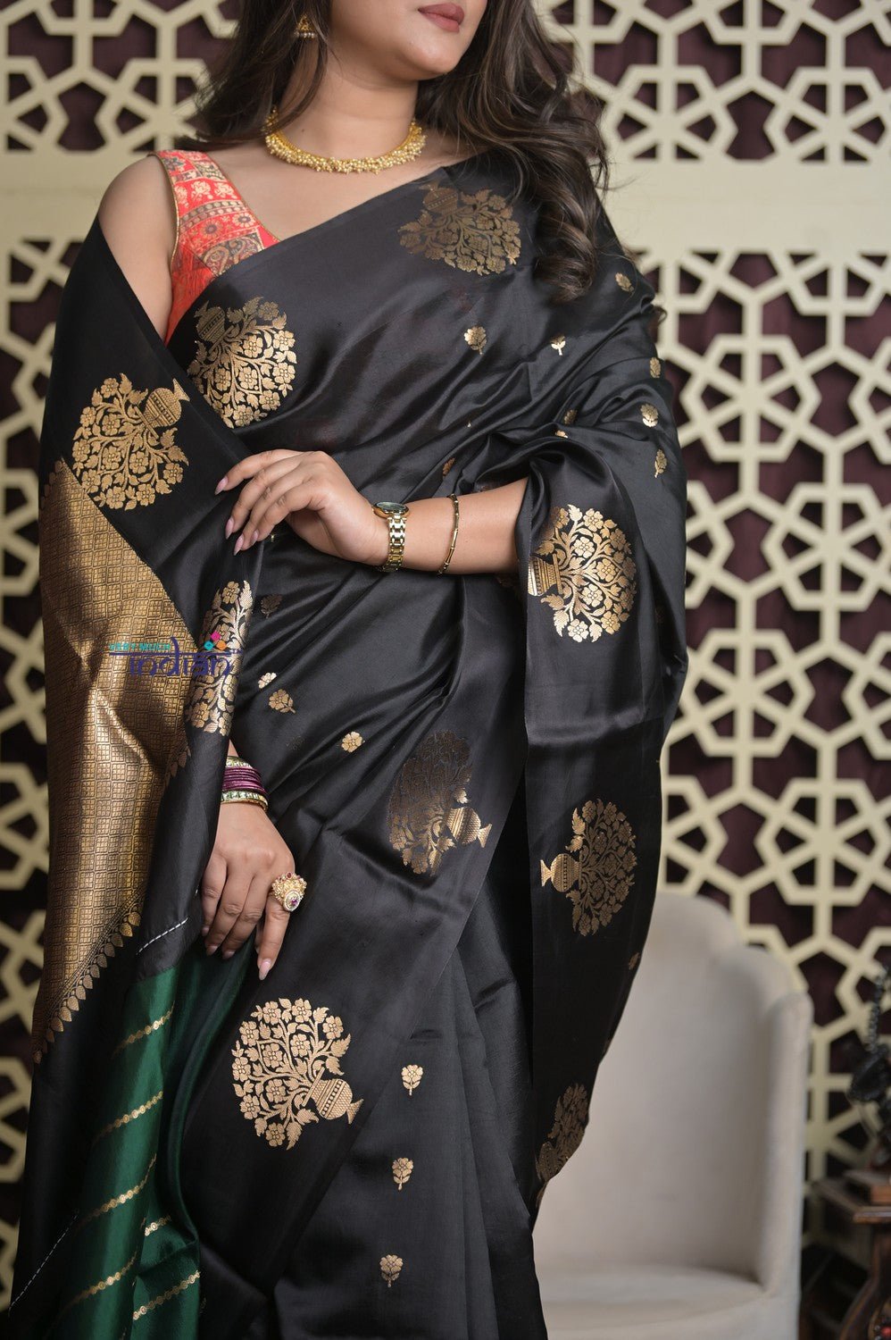 Shubh Lakshmi 2.0 ~ Handloom Banarasi High Quality Pure Katan Silk Saree in Black Gold (Silk Mark Certified) - verymuchindian.com
