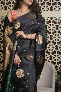 Shubh Lakshmi 2.0 ~ Handloom Banarasi High Quality Pure Katan Silk Saree in Black Gold (Silk Mark Certified) - verymuchindian.com