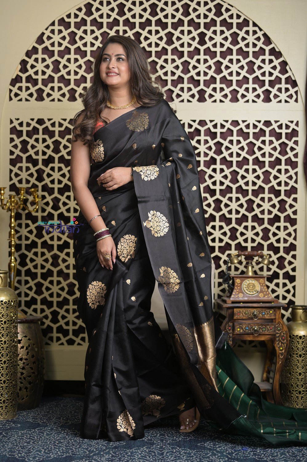 Shubh Lakshmi 2.0 ~ Handloom Banarasi High Quality Pure Katan Silk Saree in Black Gold (Silk Mark Certified) - verymuchindian.com