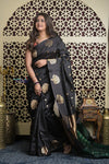 Shubh Lakshmi 2.0 ~ Handloom Banarasi High Quality Pure Katan Silk Saree in Black Gold (Silk Mark Certified) - verymuchindian.com