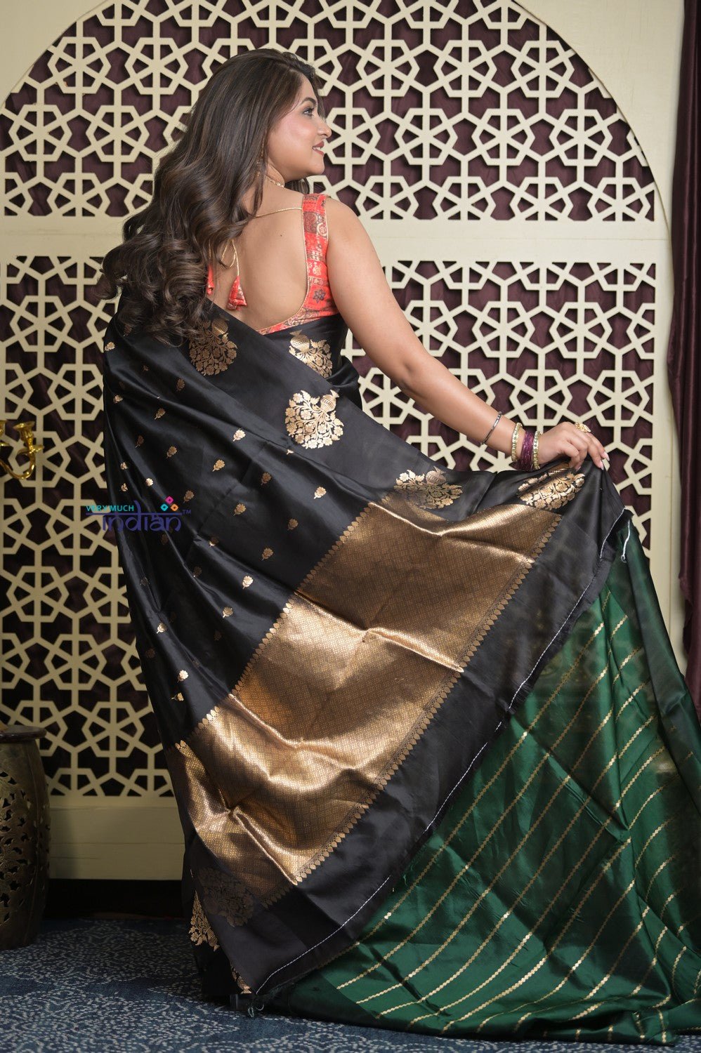 Shubh Lakshmi 2.0 ~ Handloom Banarasi High Quality Pure Katan Silk Saree in Black Gold (Silk Mark Certified) - verymuchindian.com