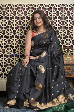 Shubh Lakshmi 2.0 ~ Handloom Banarasi High Quality Pure Katan Silk Saree in Black Gold (Silk Mark Certified) - verymuchindian.com