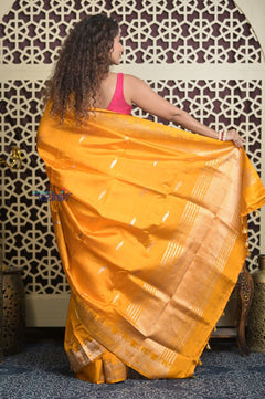 Shubh Lakshmi 2.0 ~ Handloom Banarasi High Quality Pure Katan Silk Saree in First Light Yellow (Silk Mark Certified) - verymuchindian.com