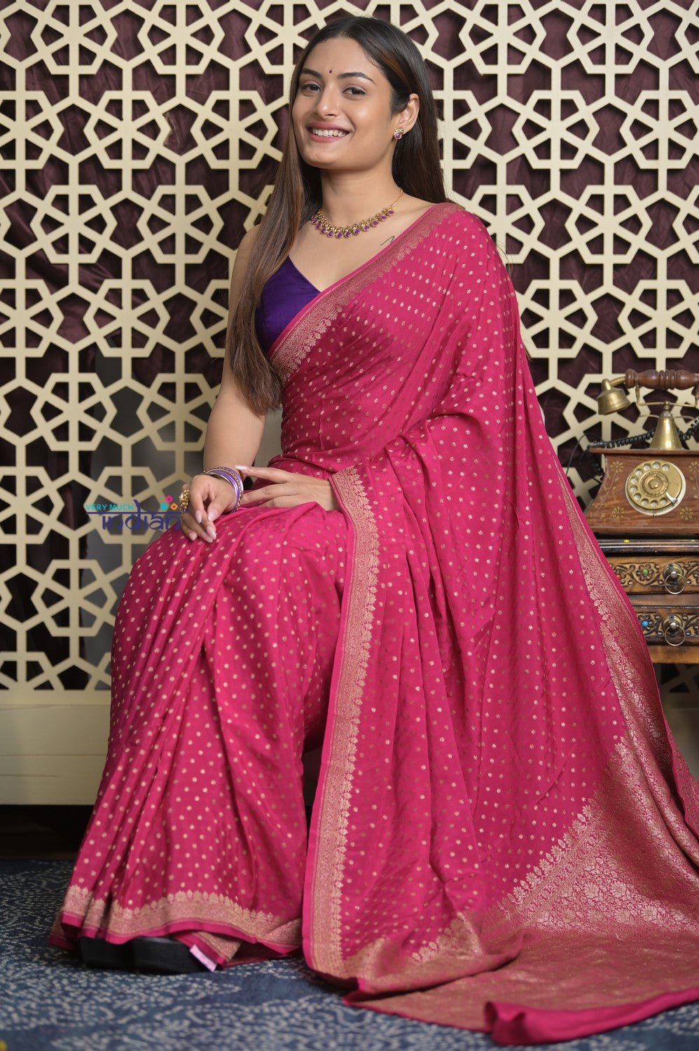 Shubh Lakshmi 2.0 ~ Handloom Banarasi Khaddi Crepe Georgette Silk Saree in Bestseller Pink(Silk Mark Certified) - verymuchindian.com