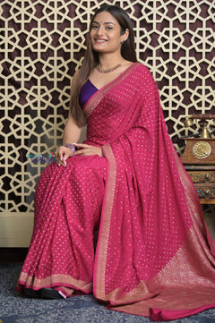 Shubh Lakshmi 2.0 ~ Handloom Banarasi Khaddi Crepe Georgette Silk Saree in Bestseller Pink(Silk Mark Certified) - verymuchindian.com