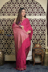 Shubh Lakshmi 2.0 ~ Handloom Banarasi Khaddi Crepe Georgette Silk Saree in Bestseller Pink(Silk Mark Certified) - verymuchindian.com